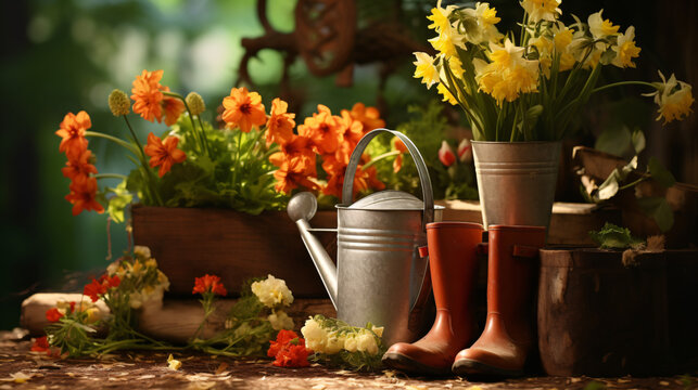 Gardening tools watering can boots and owers in the