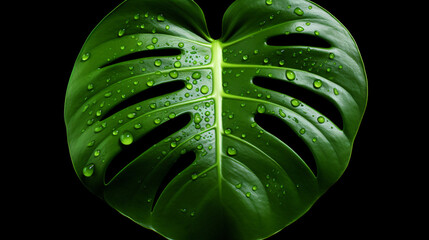 Green leaf of Monstera Deliciosa with water drops. a