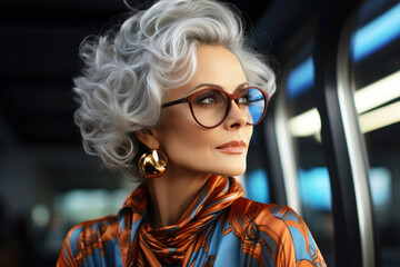 Portrait of a beautiful luxurious fashionable adult woman with stylish hairstyle wearing glasses