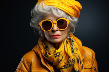 Portrait of a funky luxurious fashionable adult woman with stylish hairstyle wearing bright sunglasses and yellow clothes