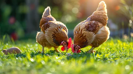 Fotobehang Hen and chicken outdoors eating on a green grass © Johnu