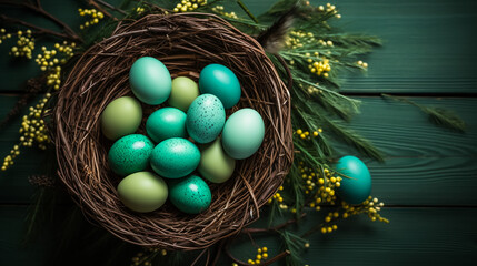 Fototapeta na wymiar Defocus Closeup of basket of colored red eggs on nature green grass background. Easter holiday concept. Craft painted eggs. Nature, garden. Collection of pysanka or krashanka. Top view. Out of focus.