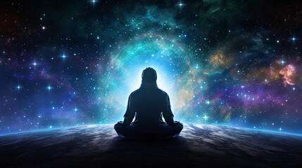 Silhouette of a man in a cloak meditating against a background of a spiral galaxy. New quality, colorful spiritual images, wallpaper design. Meditation and yoga concept