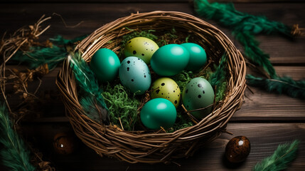 Fototapeta na wymiar Multicolored easter eggs in a basket on a black wooden background. The concept of a holiday and a happy Easter. And place for text