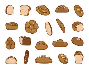 Bread. Loaf food, bakery baget, pastry grain. Hand drawn style. Vector drawing. Collection of design elements.