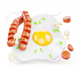 3d Fried egg with sausages, champignon mushrooms and green onions top view. Cartoon render cook breakfast omelet with flying fresh vegetables and meat. Restaurant or home cuisine food. 3D illustration