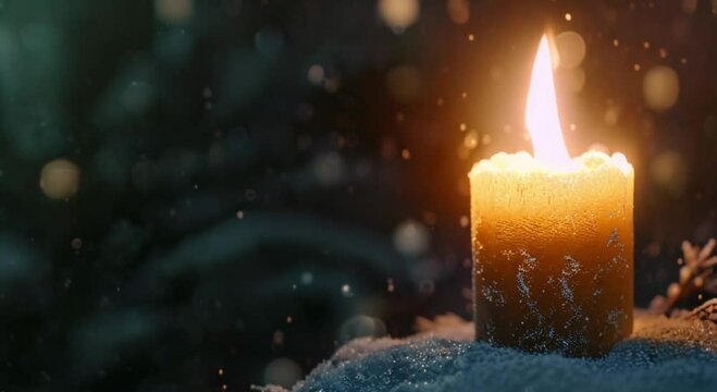 candle with sparkle and snowfall
