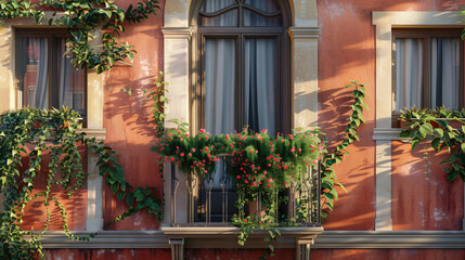 Fototapeta na wymiar Italian balcony with climbing plants and outdoor wall