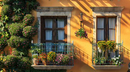 Fototapeta na wymiar Italian balcony with climbing plants and outdoor wall