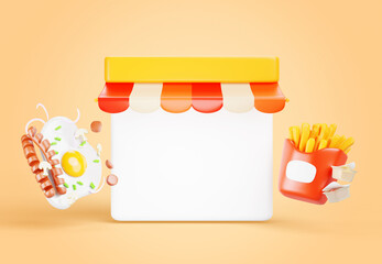 Street cafe, diner with awning, white wall frame and snacks 3d render. Fast food shop with french fries, sauce, fried egg and sausages icons on orange background, ad banner template. 3D illustration