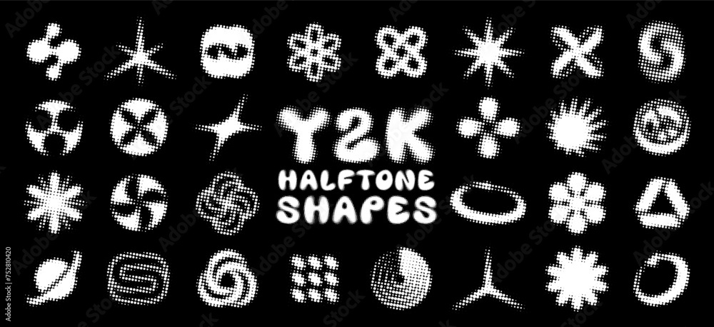 Poster y2k dotted halftone icons, collection of abstract pixelated shapes. retro vector symbol set for a 20