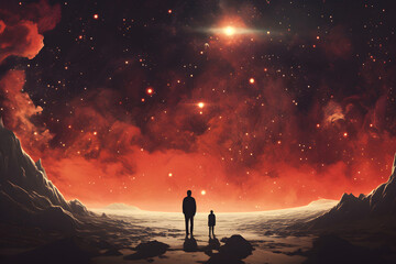 A man and a boy looking at the red sky full of stars 