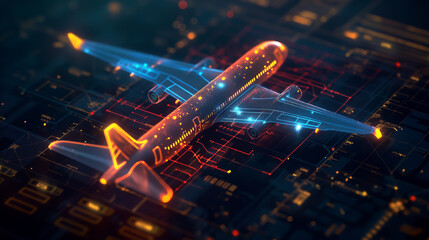 Airplane in holographic for travel and transportation concept on the plot plan drawings line graphic, design for abstract wallpaper and background	
