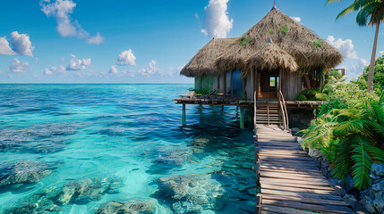 Overwater Elegance, Maldivian Serenity in Blue, A Dance of Nature and Luxury - obrazy, fototapety, plakaty