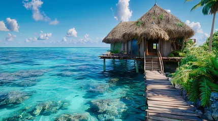 Fotobehang Bora Bora, Frans Polynesië Overwater Elegance, Maldivian Serenity in Blue, A Dance of Nature and Luxury