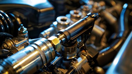 Obraz premium The engine of the car hummed as the piston moved up and down inside the cylinder, fueled by oil and expertly controlled by the gears, all working together in perfect harmony.