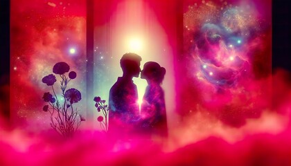 A silhouette of a loving couple, one girl and one android, kissing amidst a romantic pink and red haze. This scene evokes a profound sense of affection