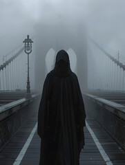 A grim figure in grey stands on a fogcovered bridge under street lights - obrazy, fototapety, plakaty