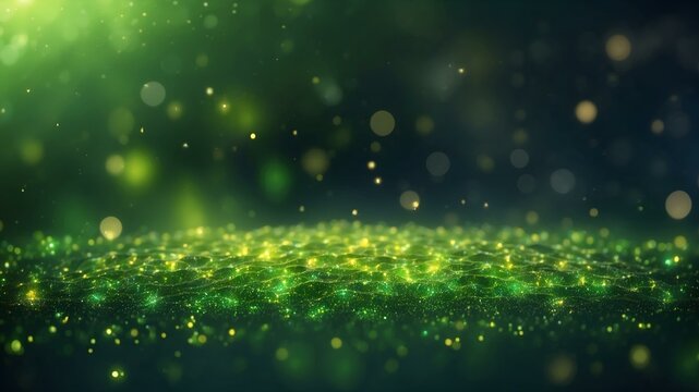 Enchanting visualization of green sparkles on a dark backdrop suggesting a magical or digital world © ArtistiKa