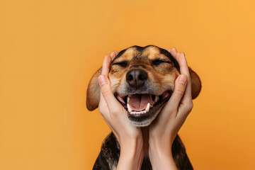 a photo of a happy dog being patted on the head, a plain flat orange background
