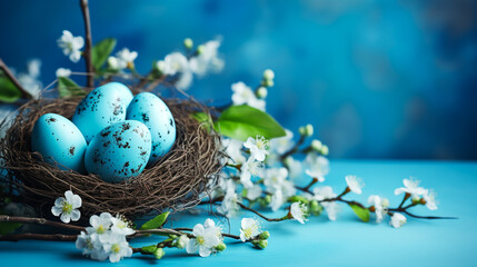 Easter eggs in a basket on a blue bokeh background. Crocheted hat with bunny ears . Easter Creative Greeting card