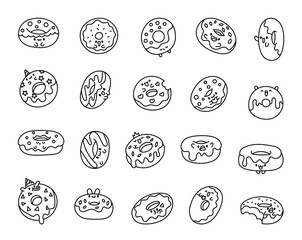 Cute cartoon kawaii donut. Coloring Page. Sweet doughnuts characters. Hand drawn style. Vector drawing. Collection of design elements.
