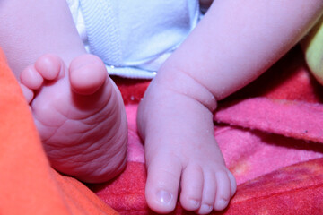 bare feet of newborn baby close-up