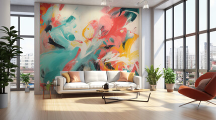 Modern bright interiors 3D rendering illustration with