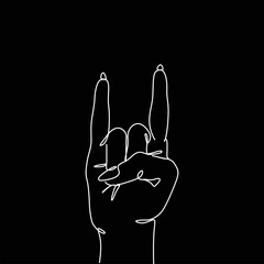 Goat rock symbol one line art. Sign of horns gesture continuous line drawing. Rock and roll woman hand sign, two fingers up. Heavy Rock Icon. Print on t-shirt. Isolated vector illustration on black. 