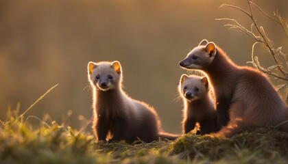 Photo of weasel's family at sunrise, wild photography