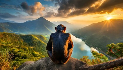sitting and meditating chimp in front of wonderful nature landscape
