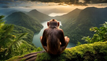 sitting and meditating chimp in front of wonderful nature landscape - Powered by Adobe