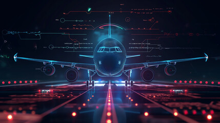 Airplane in holographic for travel and transportation concept on the plot plan drawings line graphic, design for abstract wallpaper and background	