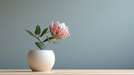 A white vase holds a single pink flower, exuding elegance and grace