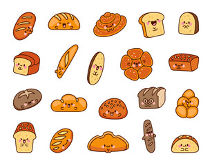 Cute kawaii bread with smiley face. Bakery food cartoon characters. Hand drawn style. Vector drawing. Collection of design elements.
