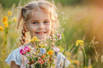 A joyful young girl with braided hair smiling while holding a bouquet of wildflowers in nature