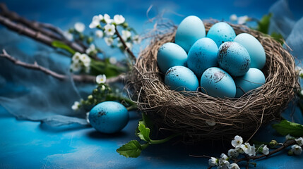 Fototapeta na wymiar Easter eggs in blue colors in a nest. The place for the text. The concept of stylish decoration for Easter, greeting cards, etc. Flat lay