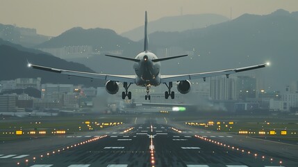 Aircraft making a landing at the airport - obrazy, fototapety, plakaty