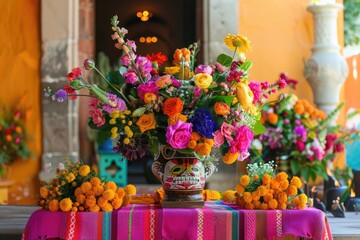 Fototapeta na wymiar A festive and colorful arrangement of flowers for a Dia de los Muertos altar