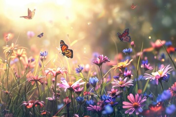 Fototapeta na wymiar A sunlit wildflower meadow with butterflies fluttering among the blooms