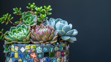 Close-up of a potted plant adorned with intricate mosaic design in vibrant colors