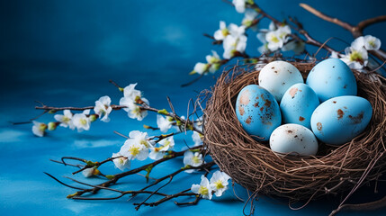 Easter eggs in blue colors in a nest. The place for the text. The concept of stylish decoration for Easter, greeting cards, etc. Flat lay