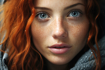 Close-up portrait of a charming sensual red head young girl with curly ginger hair, freckles and beautiful eyes