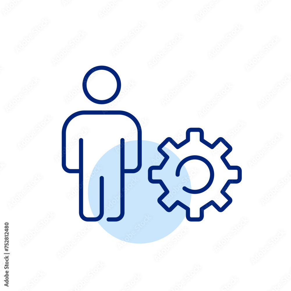 Poster digital engineering. technical professional. person and cogwheel symbolizing power solving skills an