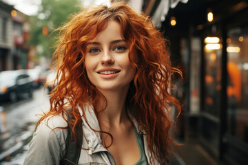 Portrait of a charming stylish cheerful carefree satisfied redhead young girl with long curly ginger hair outdoor