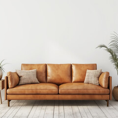 Modern living room wall mockup with leather sofa. Generative AI
