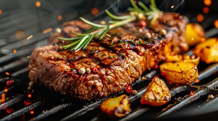 Mouthwatering steak being grilled to perfection over flames, surrounded by spices and grilled vegetables