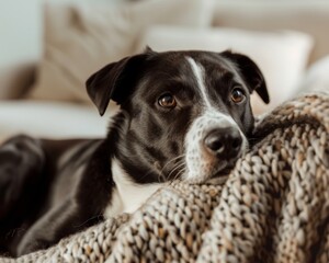 Contemplative Dog Snuggled in Warm Blanket, A thoughtful black and white dog with expressive eyes lies comfortably wrapped in a chunky knit blanket. Comprehensive pet wellness sessions at home photogr