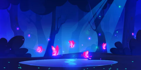 Gordijnen Magic fireflies over small lake in dream forest at night under beams of moon light. Cartoon dark blue vector fantasy landscape with trees and bushes, pink neon luminous glowworms above water in pond. © klyaksun