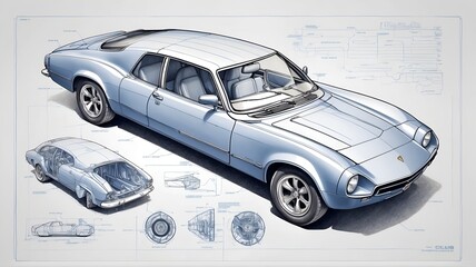 Blueprint of a classic sedan car. Detailed view of a sedan car structure. Diagrammatic drawing collections.